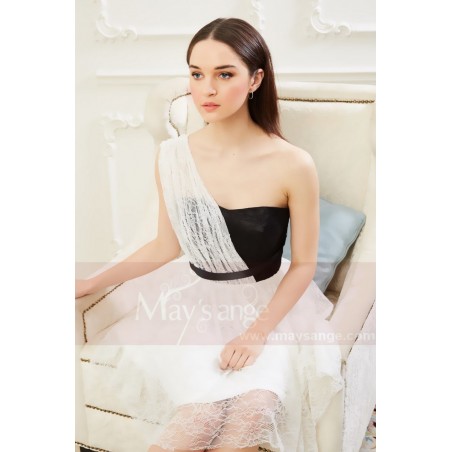 robe de cocktail noire et blanc femme en dentelle une bretelle