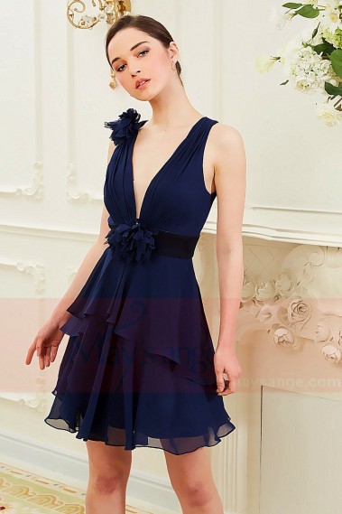 Robe du Soir Sexy en Mousseline Bleu Nuit Florale - C850 #1