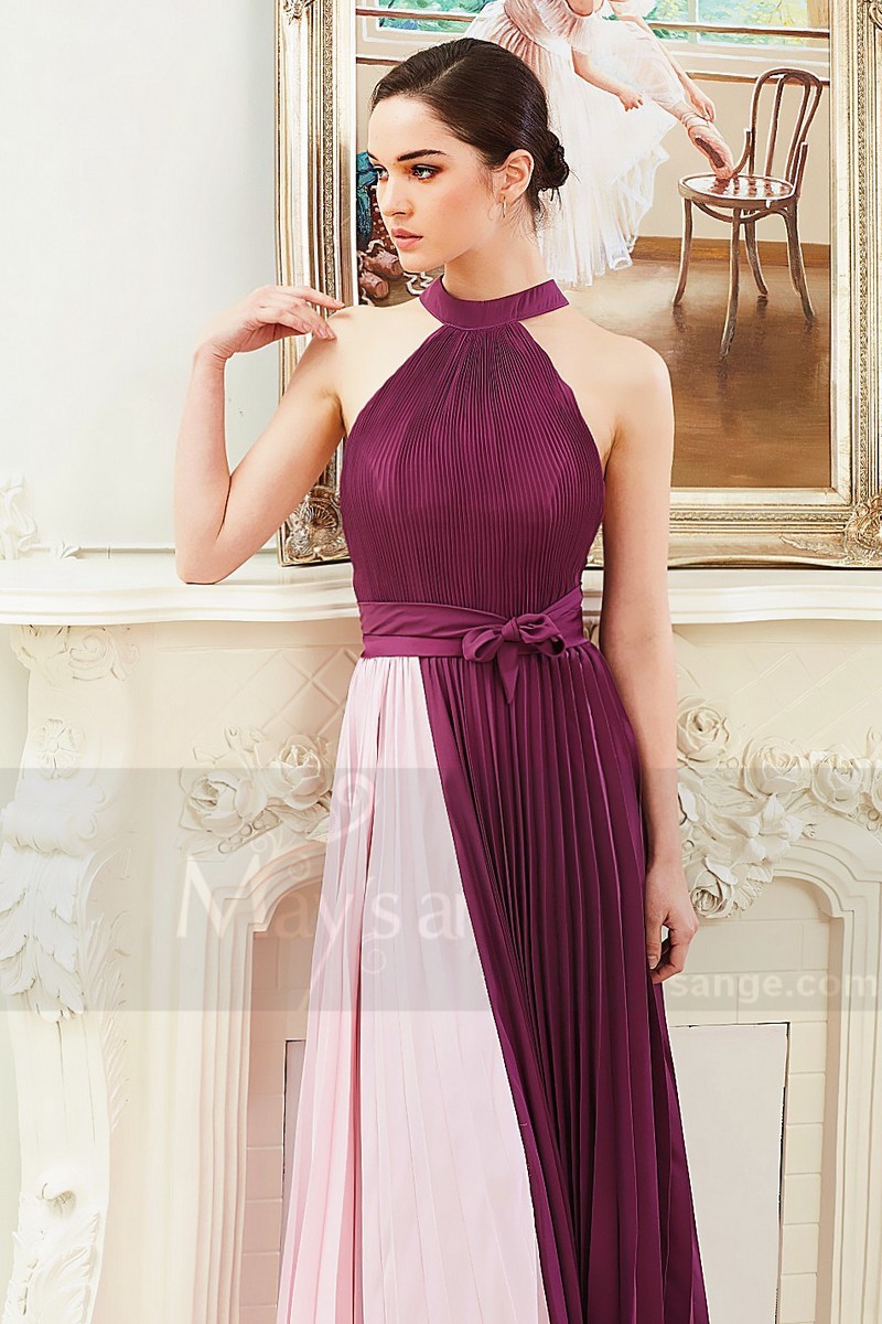 robe de soirée plisse bicolorie violet et rose super élegante parisienne - Ref L797 - 01 robe de soirée plisse bicolorie violet et rose super élegante parisienne - Ref L797 - 01