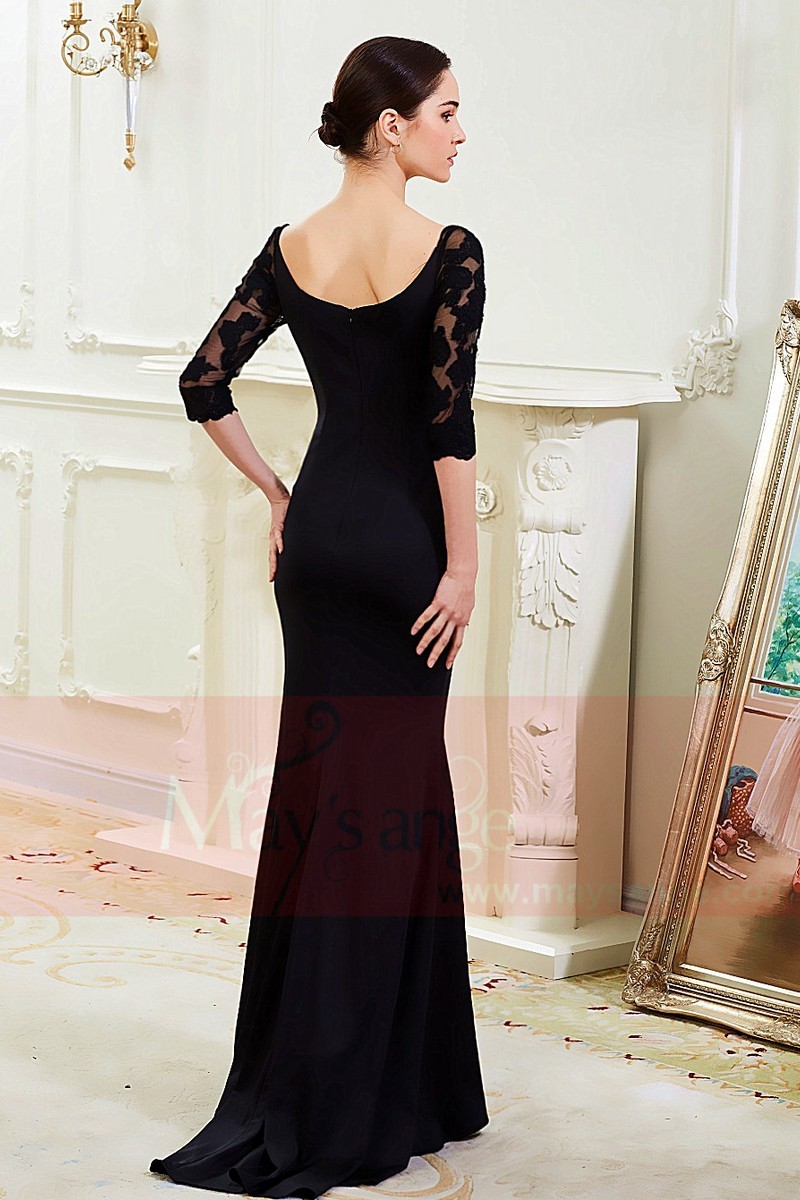 robe noire long avec des manches en dentelle col bateau maysnage - Ref L799 - 01 robe noire long avec des manches en dentelle col bateau maysnage - Ref L799 - 01