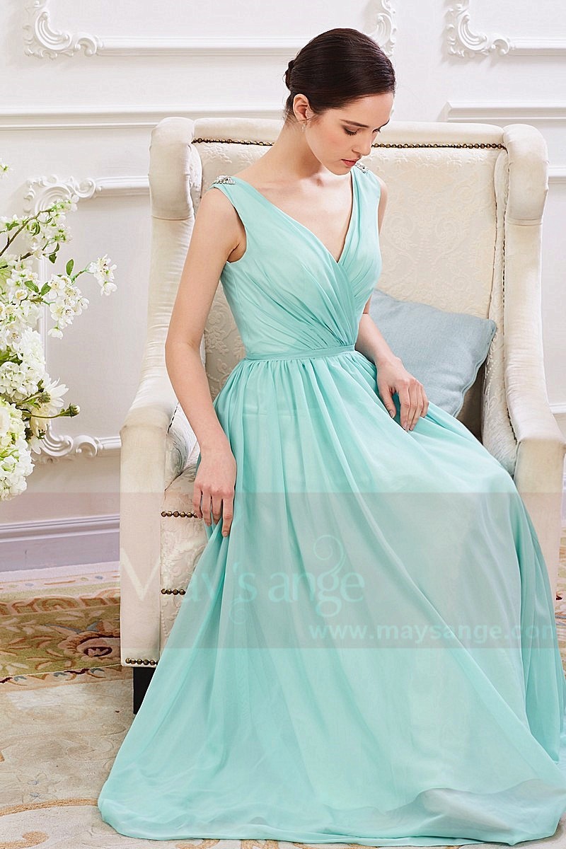 Robe de Soiree Longue en Mousseline fine Bleu Cyan - Ref L789 - 01