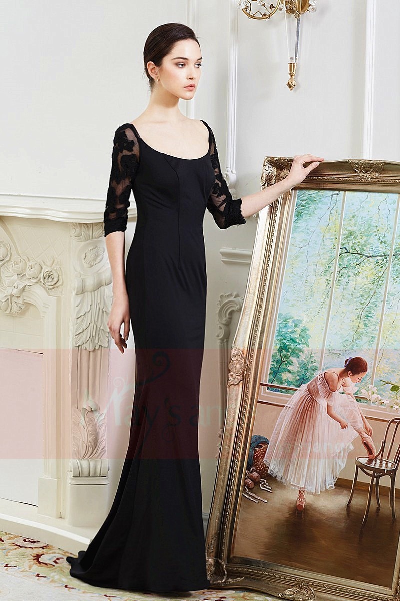 Robe Noire Longue Avec Des Manches En Dentelle Col Bateau Maysange Robe Noire Longue Avec Des Manches En Dentelle Col Bateau Maysange