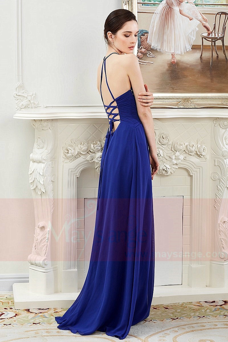 Open Back Chiffon-Halter Royal Blue Prom Dress - Ref L802 - 01