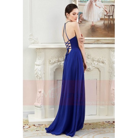Open Back Chiffon-Halter Royal Blue Prom Dress