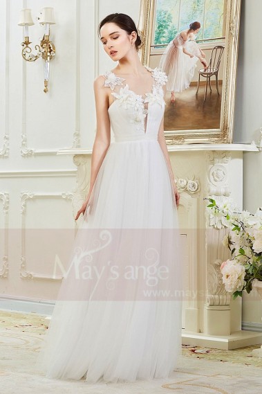 Simple Bridal Gown With Beautiful Flowers On her Deep Neck - M369 #1