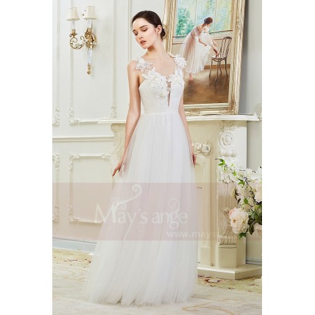 Simple Bridal Gown With Beautiful Flowers On her Deep Neck
