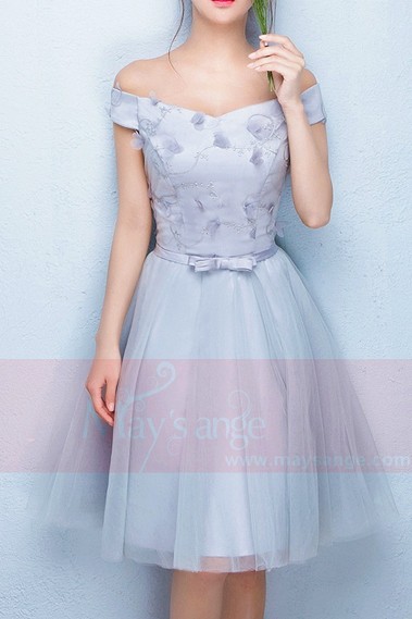 Off-The-Shoulder Silver Gray Tulle Party Dress - C853 #1