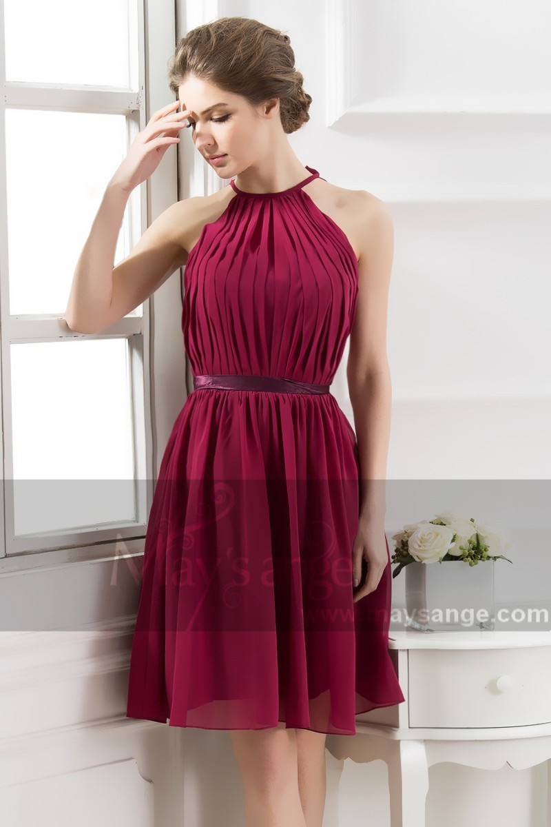 Open-Back Short Burgundy Party Dress With Pleated Bodice - Ref C806 - 01