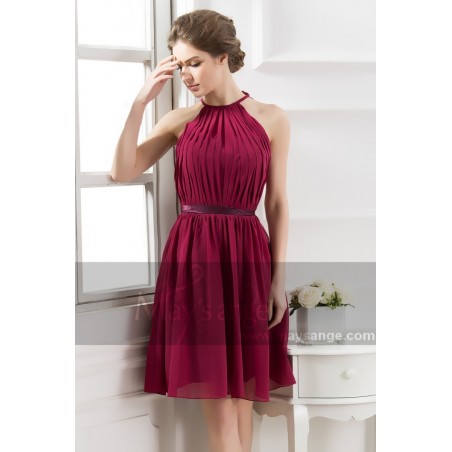 Open-Back Short Burgundy Party Dress With Pleated Bodice