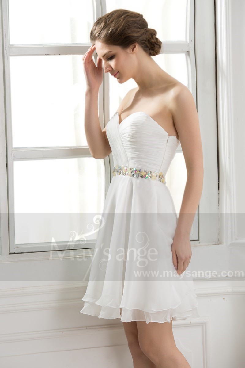 White Strapless Cocktail Dress Shiny Multicolor Stone Belt - Ref C570 - 01