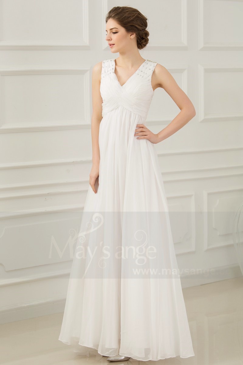 Soft Long White Evening Dress V Neckline - Ref L202 - 01