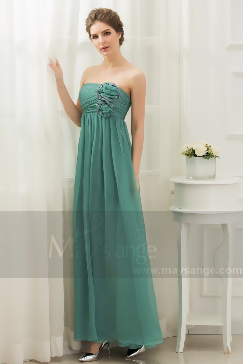 Green Cocktail Dress Sleeveless And Pleated Bodice With Flowers - Ref L002 - 01