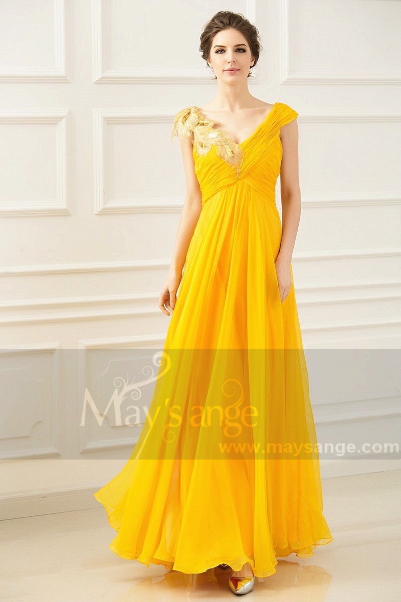 Long Chiffon Yellow Evening Dress V Neck With Golden Flower - Ref L770 - 01
