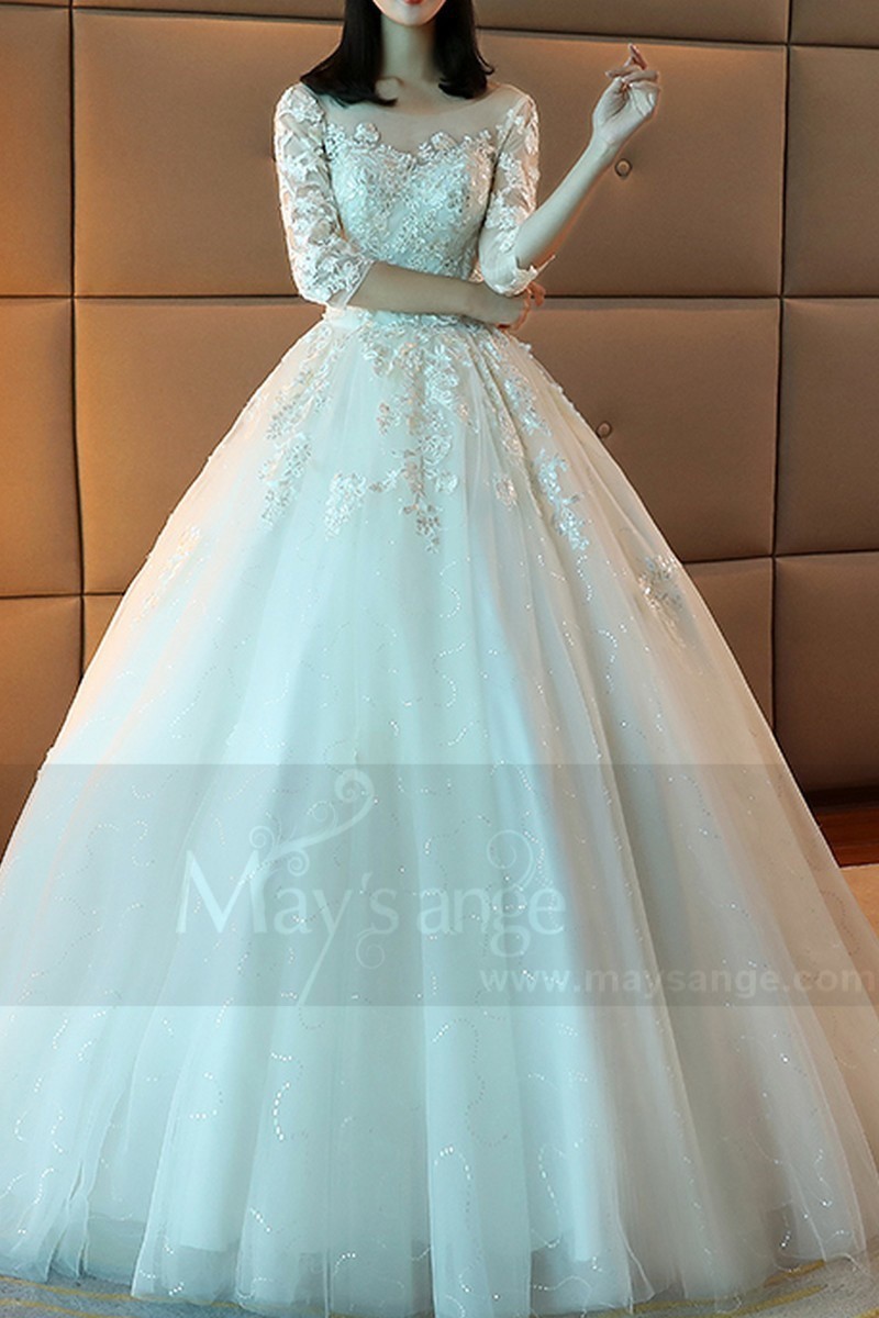 magnifique robe de princesse manche longue en dentelle et tulle au volume  parfait - Ref M373 - Robes de mariée