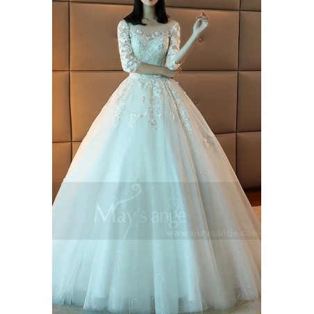 Tulle Princess Wedding Dress Long Illusion Sleeve With Train