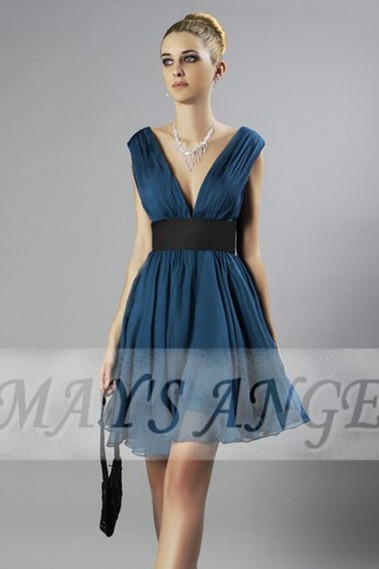 Short Chiffon Deep Blue Cocktail Dress With V-neck - C122 #1