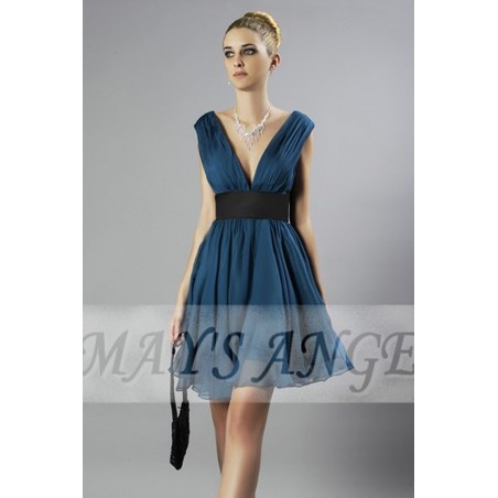 Short Chiffon Deep Blue Cocktail Dress With V-neck