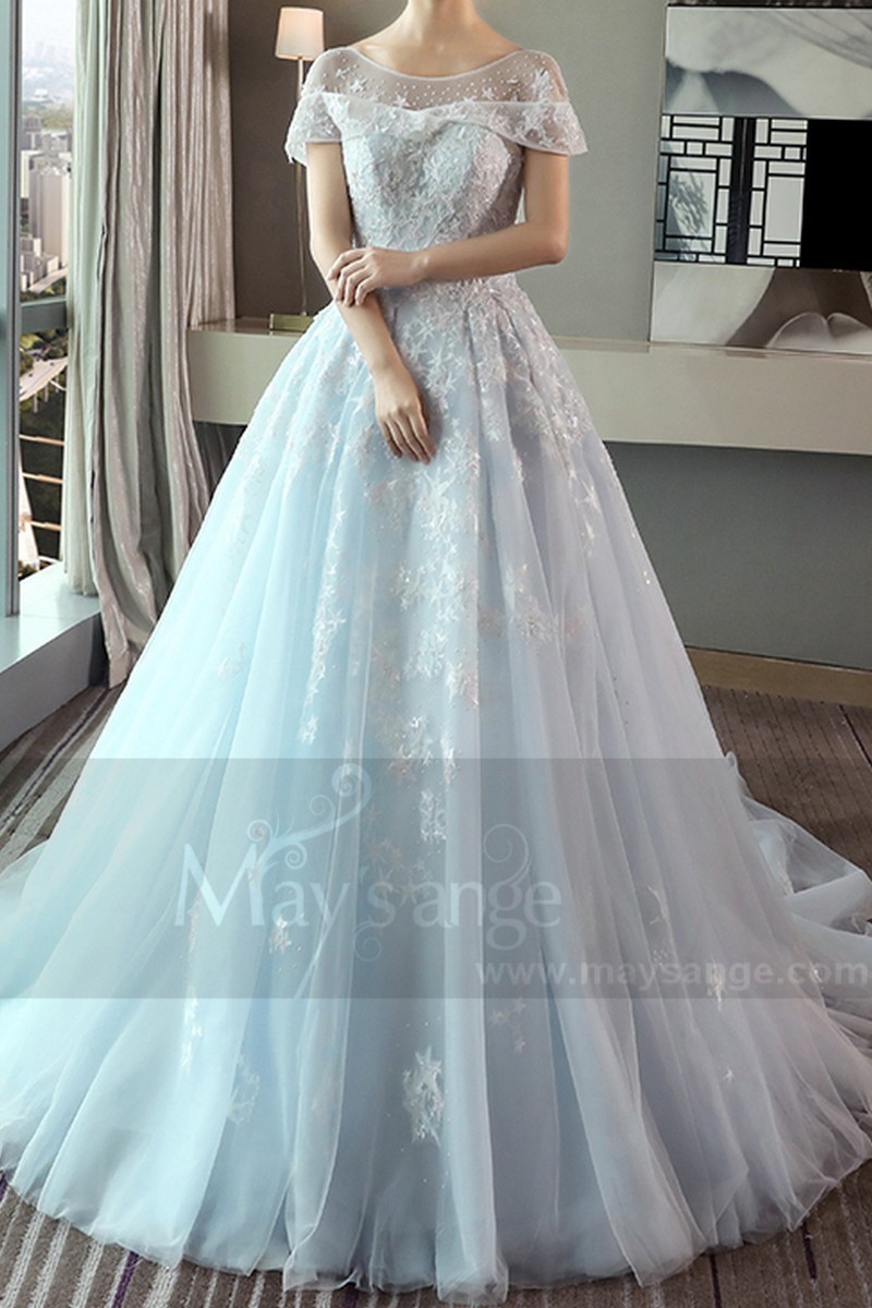 Turquoise Organza Princess Wedding Dress With Cap-Sleeve - Ref M376 - 01