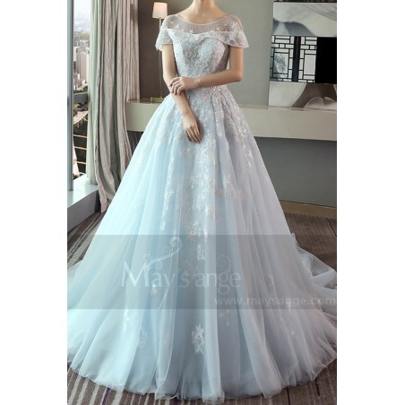Turquoise Organza Princess Wedding Dress With Cap-Sleeve