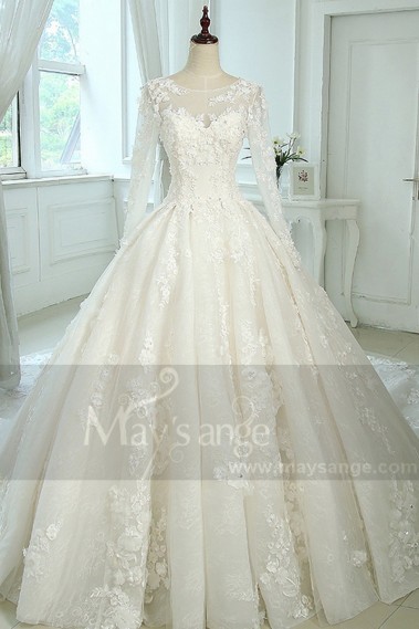 Ball-Gown Scoop Neck Tulle Lace Vintage Wedding Dress With Illusion Sleeve - M383 #1