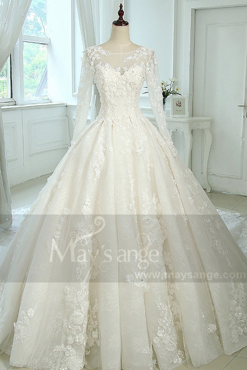 Ball-Gown Scoop Neck Tulle Lace Vintage Wedding Dress With Illusion Sleeve - Ref M383 - 01