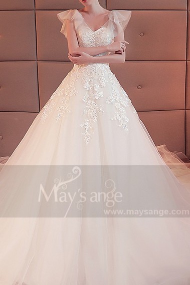 Cap Sleeve Tulle Affordable Wedding Dress - M392 #1