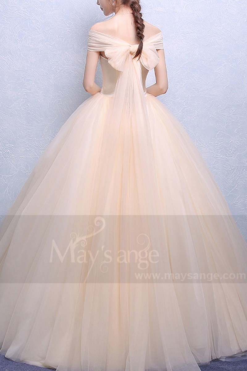 Strapless Tulle Champagne Wedding Dress With Lace Bodice - Ref M374 - 01