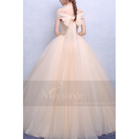 Strapless Tulle Champagne Wedding Dress With Lace Bodice
