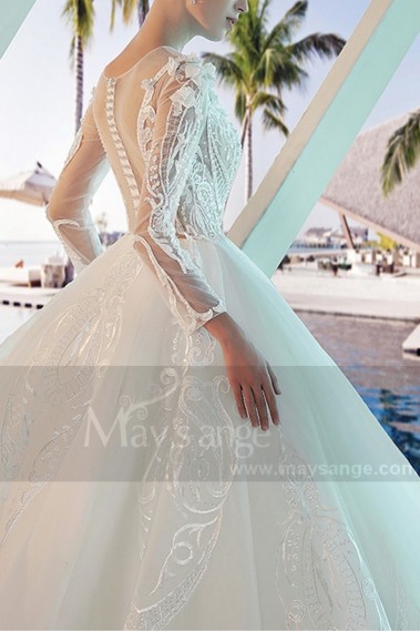 robe de mariée dentelle élégant manche longue lace dos perle - M377 #1