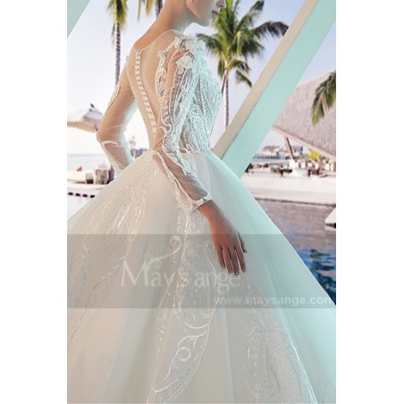 Long Sleeve Tulle Princess Wedding  Dress With Illusion Bodice