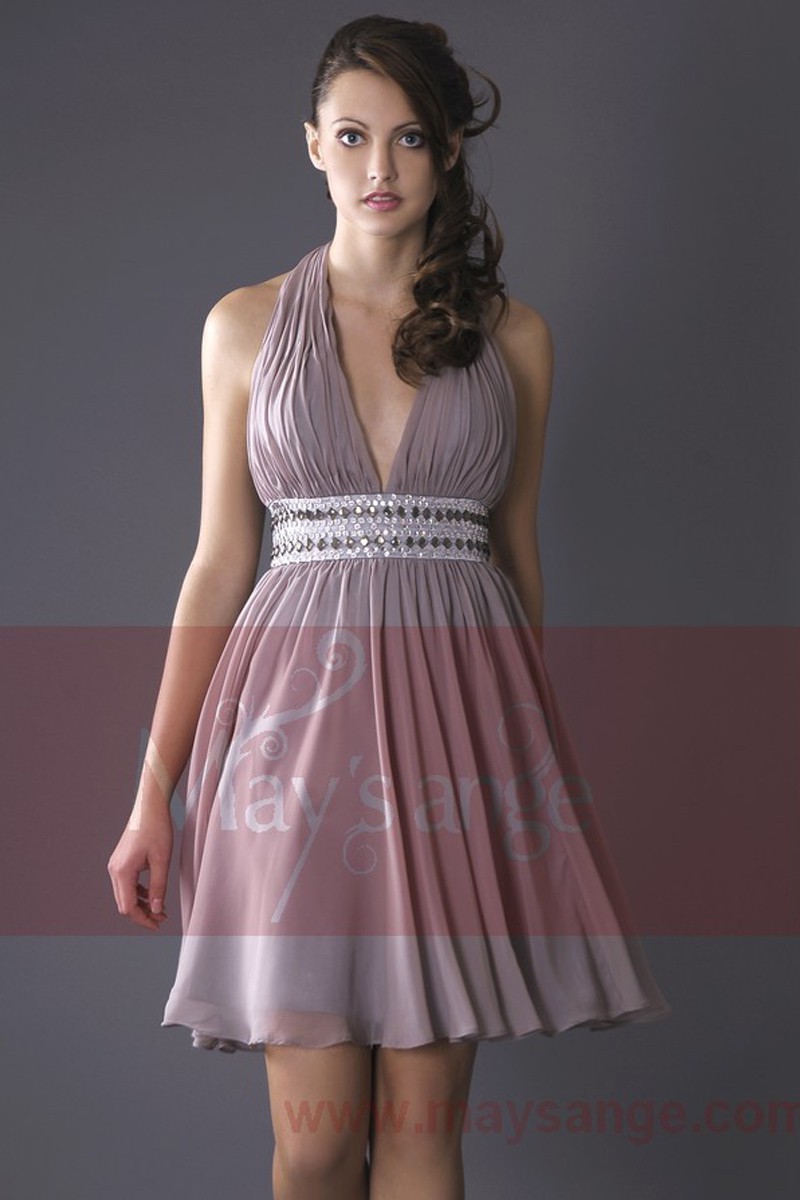 Steel Grey V-Neck Homecoming Dress With Shiny Belt - Ref C125 - 01