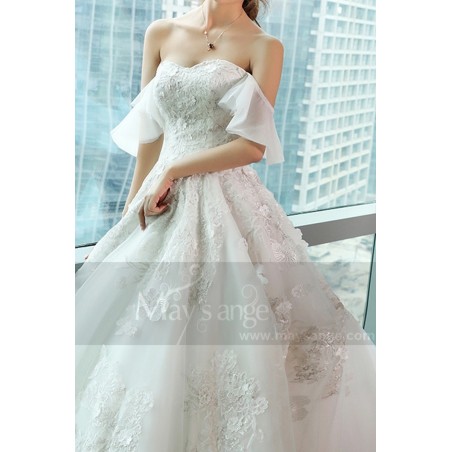Off-The-Shoulder Sweetheart Bodice Lace Princess Dress With Train