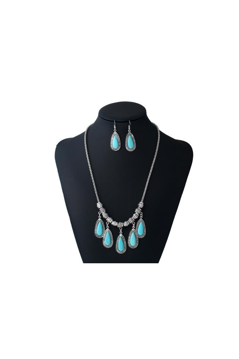 Blue stone costume jewelry necklace set - Ref F005 - 01
