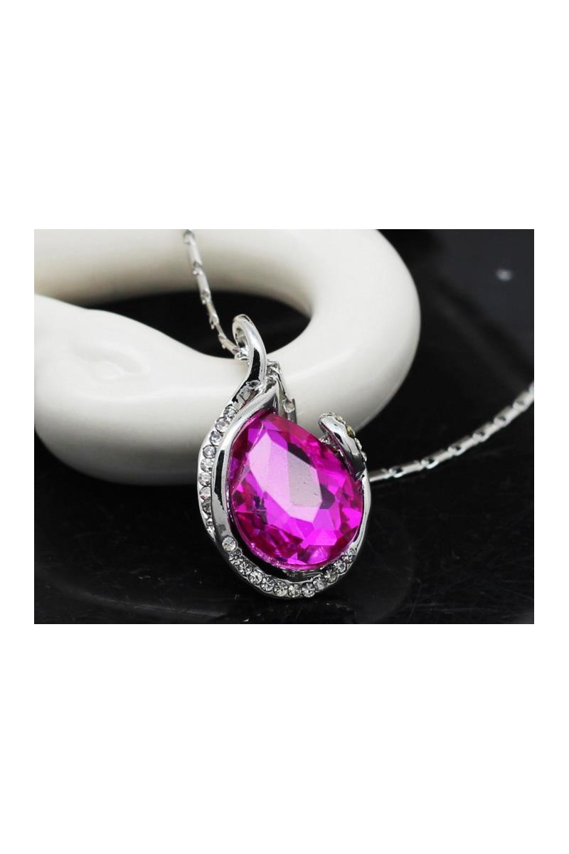 Silver necklace for women pink stone - Ref F041 - 01