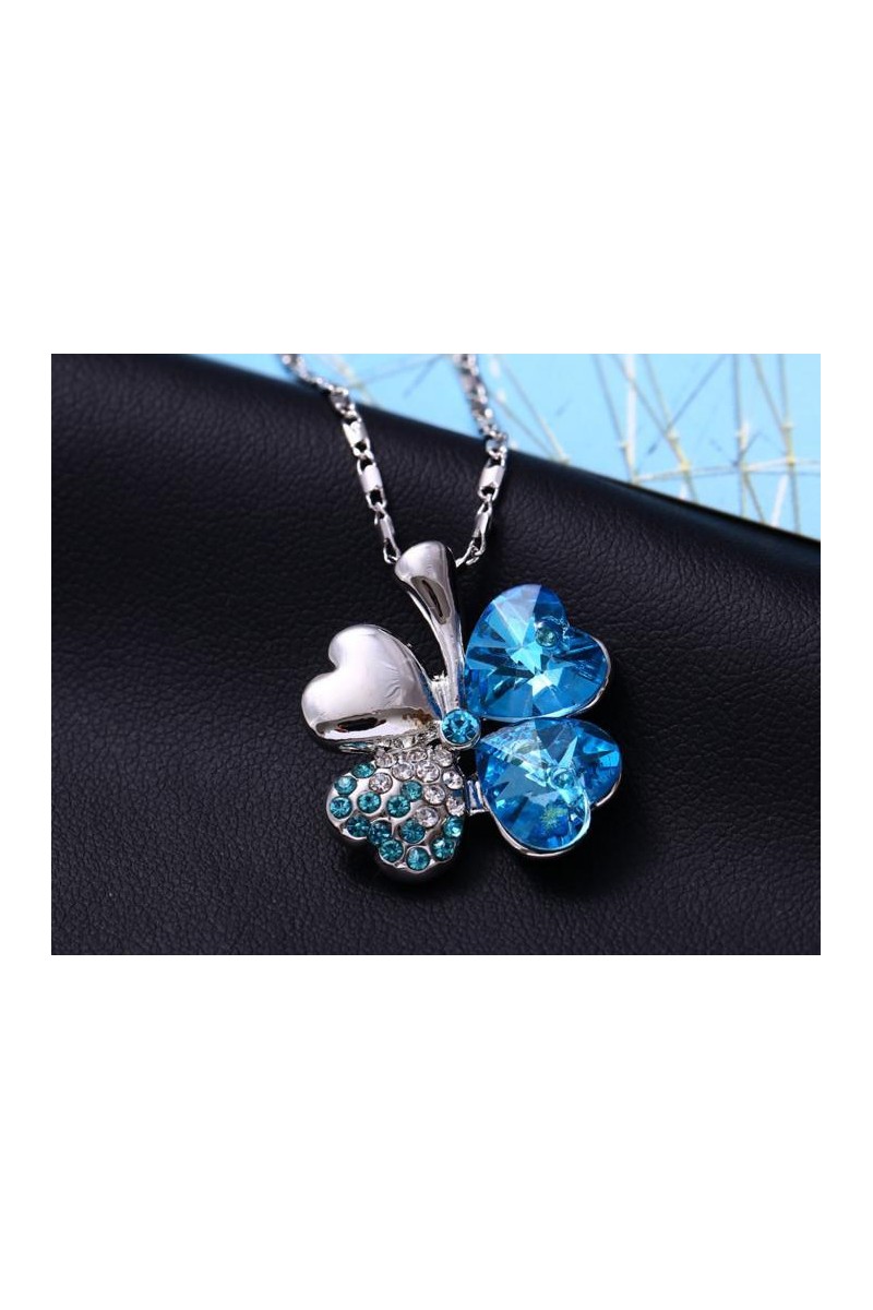Beaux bijoux collier femme trefle bleu - Ref F050 - 01