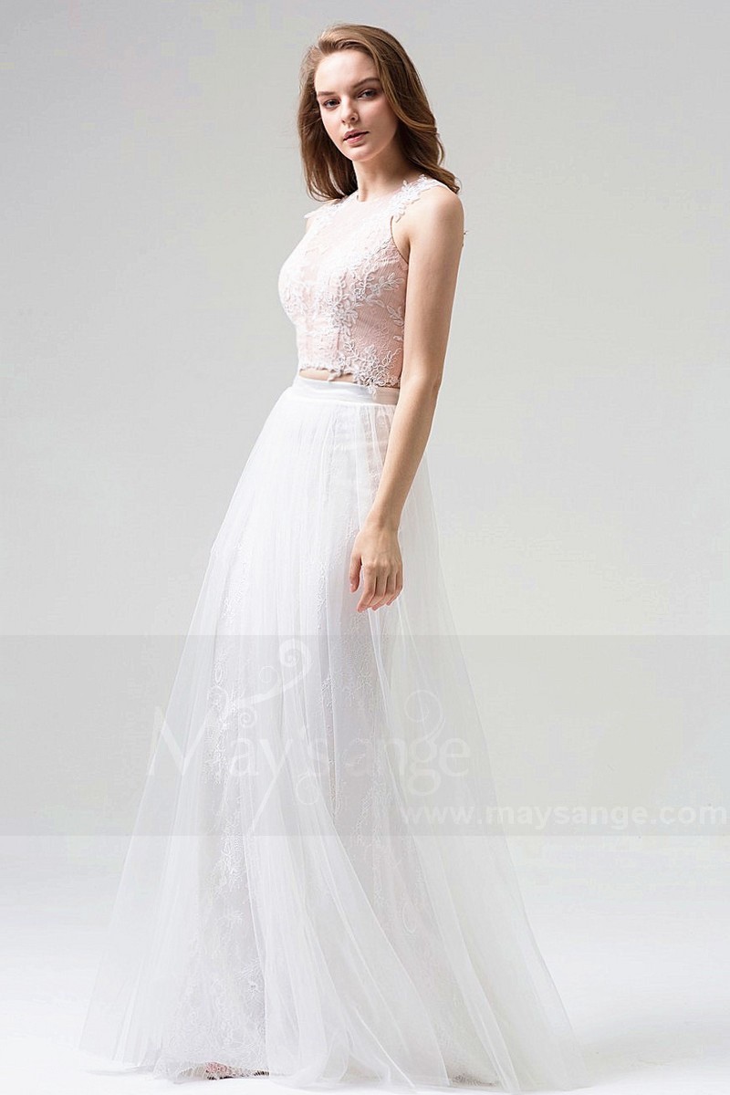 tenue de soirée rose blanc dentelle sexy en deux pièces - Ref L814 - 01 tenue de soirée rose blanc dentelle sexy en deux pièces - Ref L814 - 01