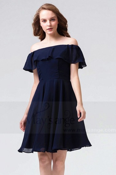 Short Off-The-Shoulder Navy Blue Party Dress With Flounce - C864 #1