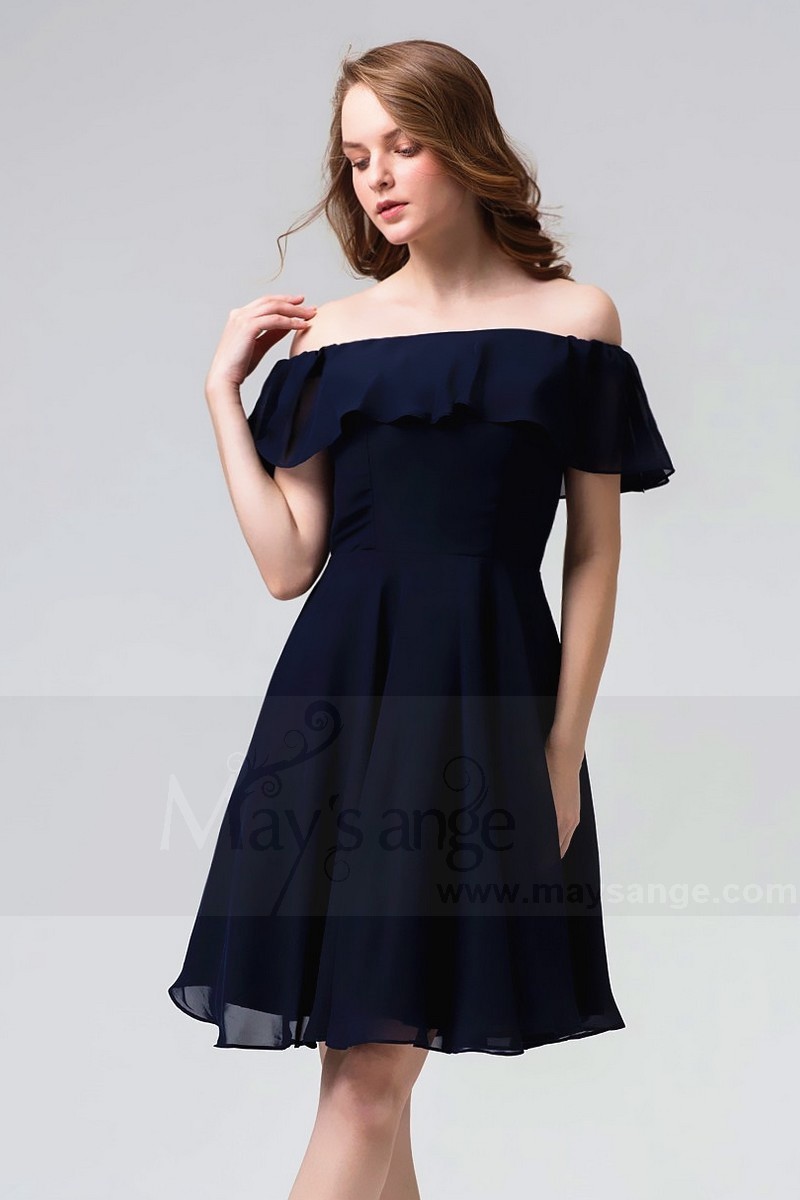 Short Off-The-Shoulder Navy Blue Party Dress With Flounce