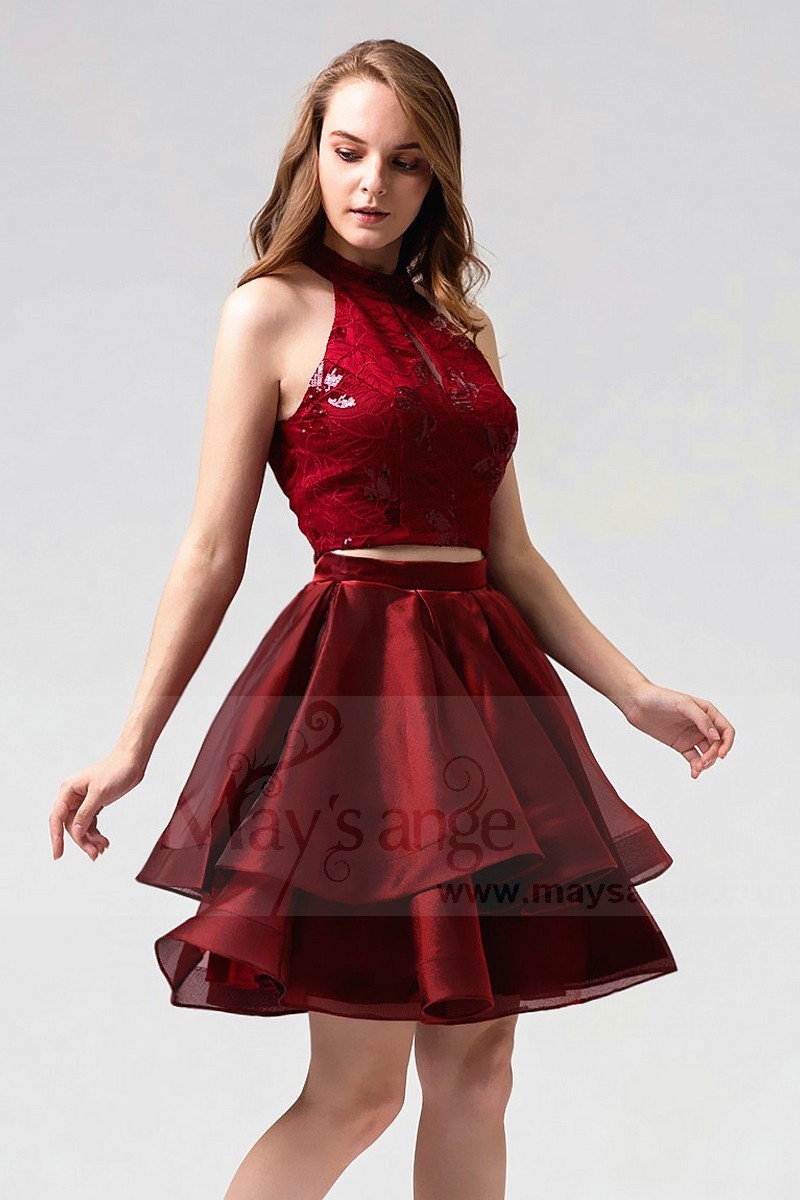 Robe Cocktail Rouge Bordeaux En Dentelle A Motif Paillettes En Forme De Feuille