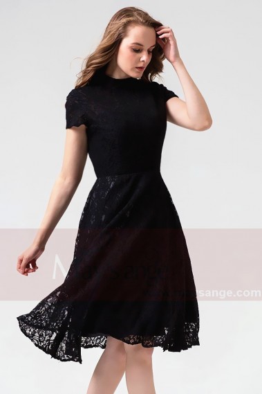 robe de cocktail noire courte dentelle avec manches col montant classe - C867 #1