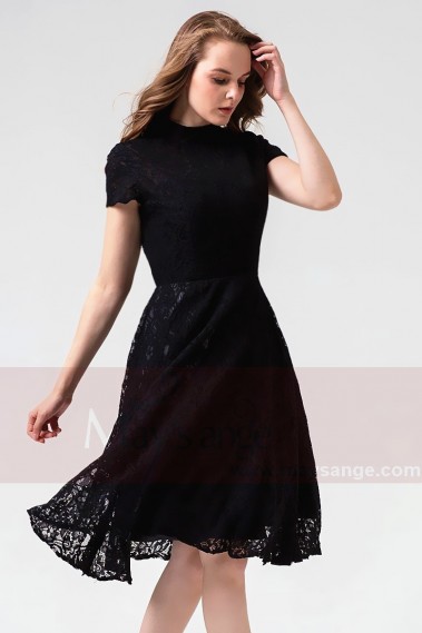Short Black Lace Dress With Sleeves - C867 #1