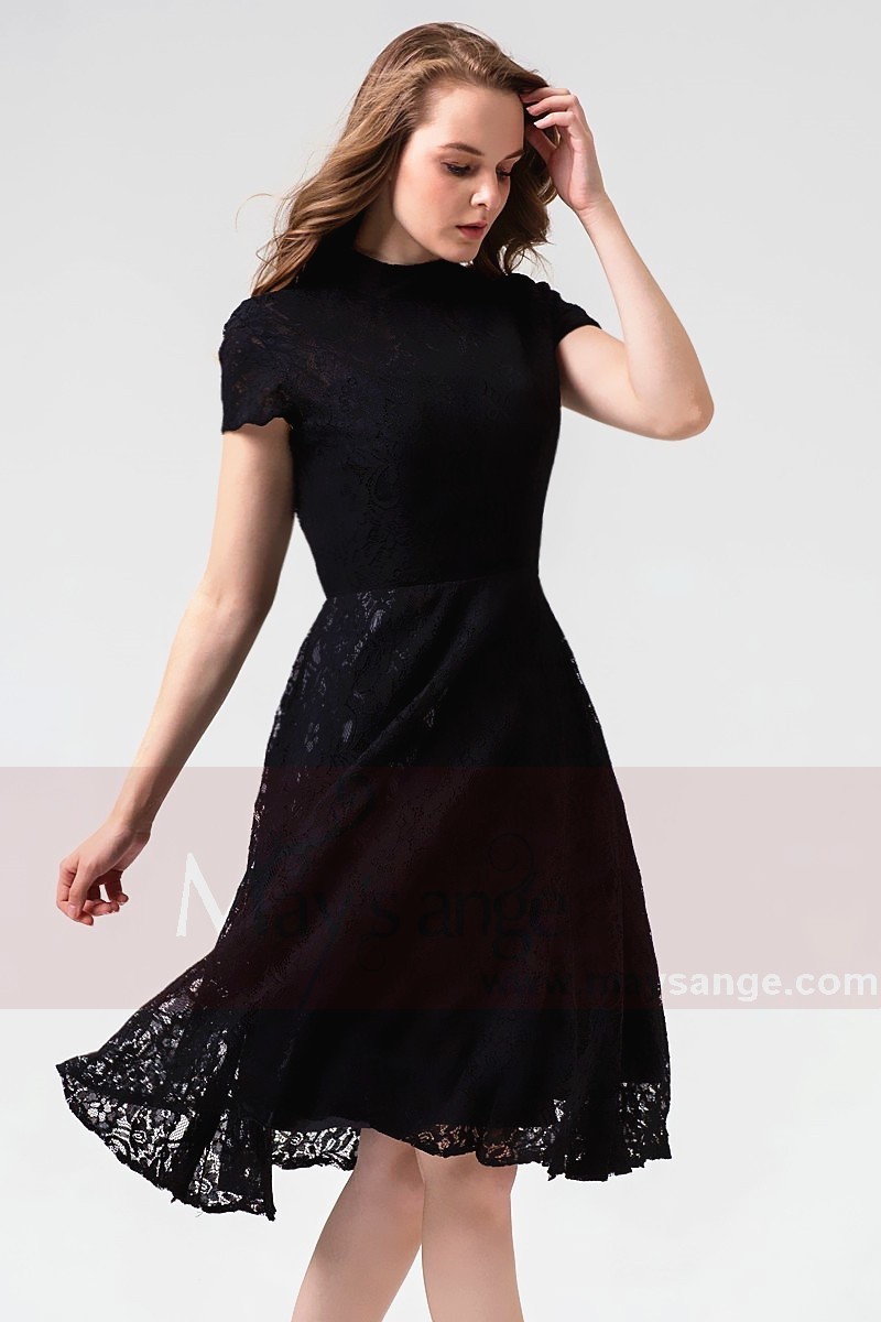 robe de cocktail noire courte dentelle avec manches col montant classe - Ref C867 - 01