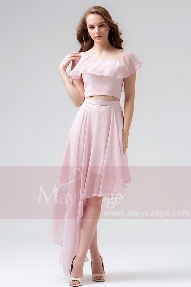 Robe de cocktail courte rose en mousseline a découpe asymétrique Maysange - C857 #1