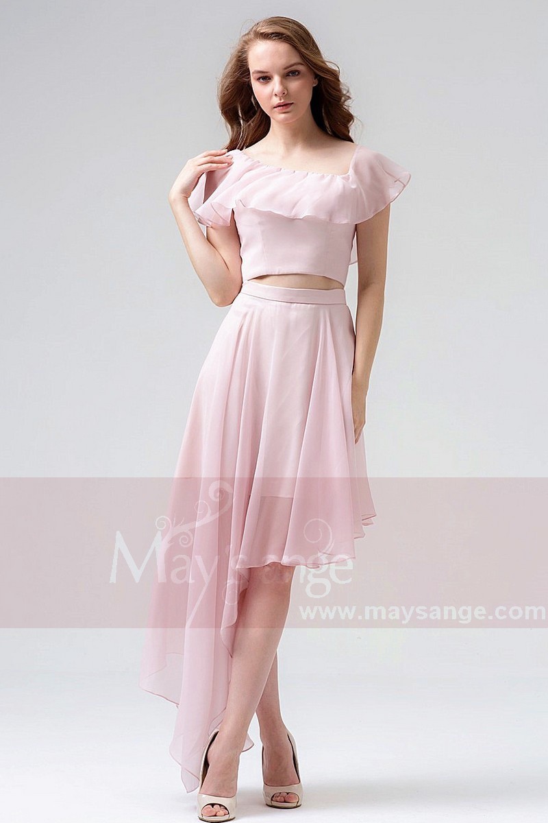 Robe de cocktail courte rose en mousseline a découpe asymétrique Maysange - Ref C857 - 01