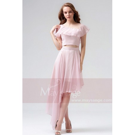 Robe de cocktail courte rose en mousseline a découpe asymétrique Maysange