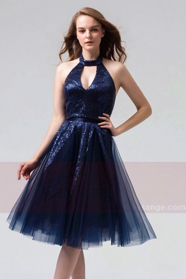 Sequin Navy Blue Short Backless Dress