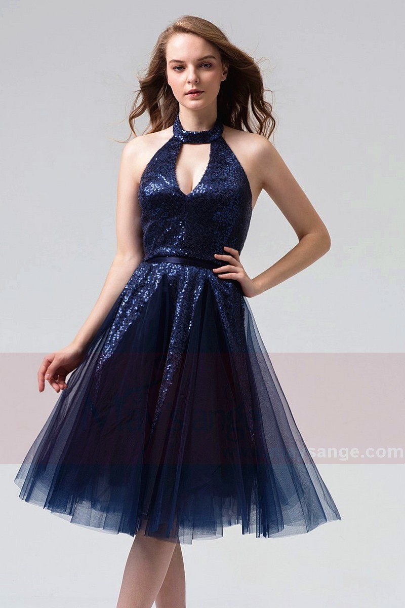 robe de cocktail bleu marine habillée pailletés pour mariage - Ref C860 - 01