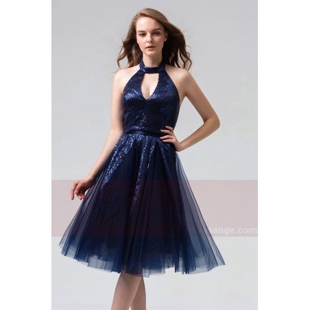Sequin Navy Blue Short Backless Dress