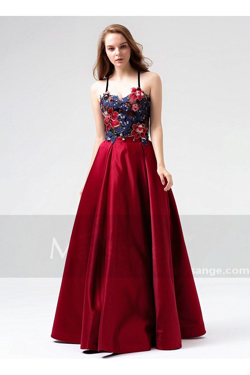 robe de soirée longue dentelle bordeaux en deux pièces - Ref L817 - 01 robe de soirée longue dentelle bordeaux en deux pièces - Ref L817 - 01