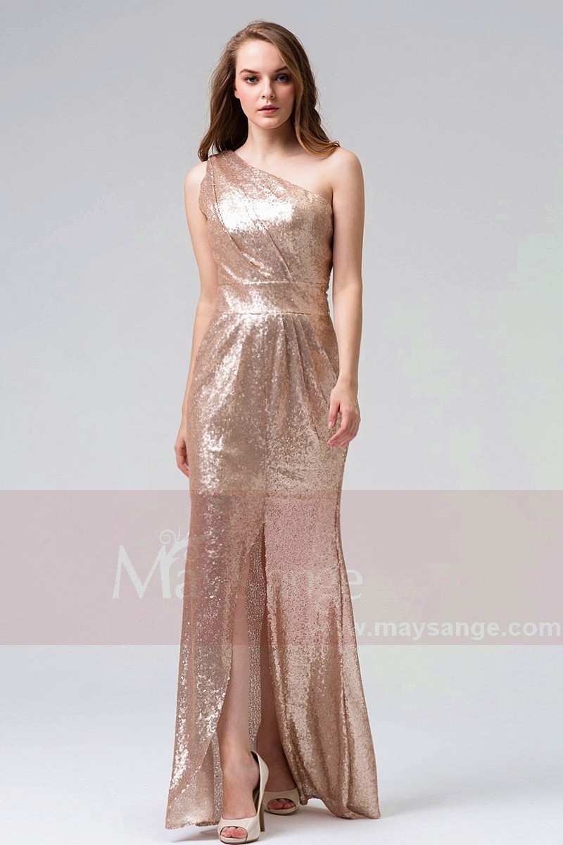 robe ceremonie champagne pour mariage soirée bretelle asymétrique Maysange - Ref L827 - 01 robe ceremonie champagne pour mariage soirée bretelle asymétrique Maysange - Ref L827 - 01